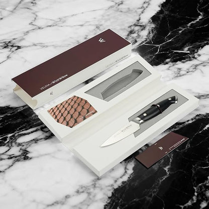 WICKWILLOW 3.5 Inch Paring Knife - Razor Sharp German Steel - Small Kitchen Knife for Home Cooks - Peeling, Trimming & Precision Work - Full Tang & Ergonomic Handle - Gift Box - Velina Series