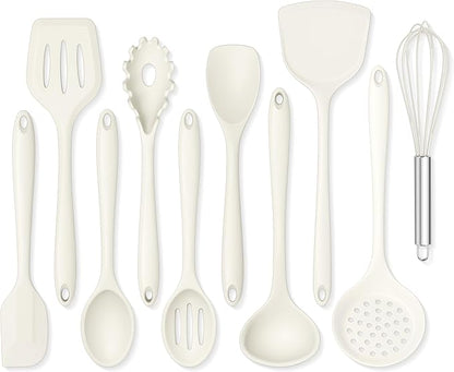 Onader Kitchen Cooking Utensils Set of 10, Silicone Utensils Set for Cooking, Includes Non Toxic Turner Spoon Spatula Whisk Pasta Server - White