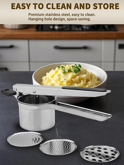 Potato Ricer, Heavy Duty Stainless Steel Potato Masher and Ricer for Mashed Potatoes, Kitchen Gadget for Mashed Potatoes with 3 Interchangeable Discs