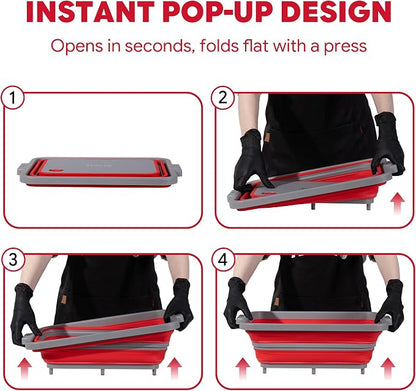 FEASTO Collapsible BBQ Prep Tubs with Cutting Board, 9-IN-1, 2 Tubs Portable Grill Prep Station with Side Brackets, Lids, Knives, Meat Claws and Drain Rack, Space-Saving for Kitchen & Camping, Red