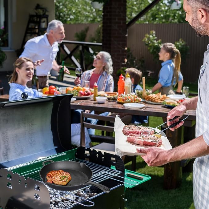 10 Inch Cast Iron Skillet, Pre-Seasoned, Induction Safe | Pre-seasoned 10" everyday skillet for searing, frying & baking. Serves 2-3. No lid. Induction & oven safe. PFOA-free.