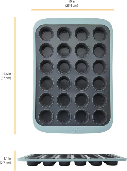 Chicago Metallic Silicone Mini Muffin Pan 24 Cup, Nonstick Cupcake Pan with Wire-Reinforced Rim, Oven Safe Flexible Baking Mold for Muffins, Egg Bites, and More, Blue, 14.6 x 10 Inches