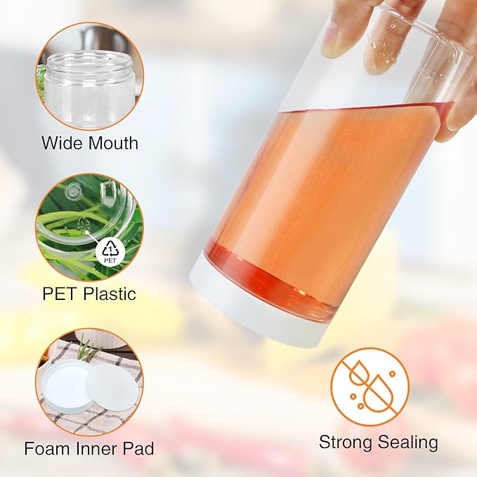 PeacePeo 24 Pcs Plastic Jars, 16 OZ Plastic Jars with White Lids Clear Airtight Slime Containers Refillable Round Empty Storage Containers Jar for Kitchen & Household Dry Food Storage