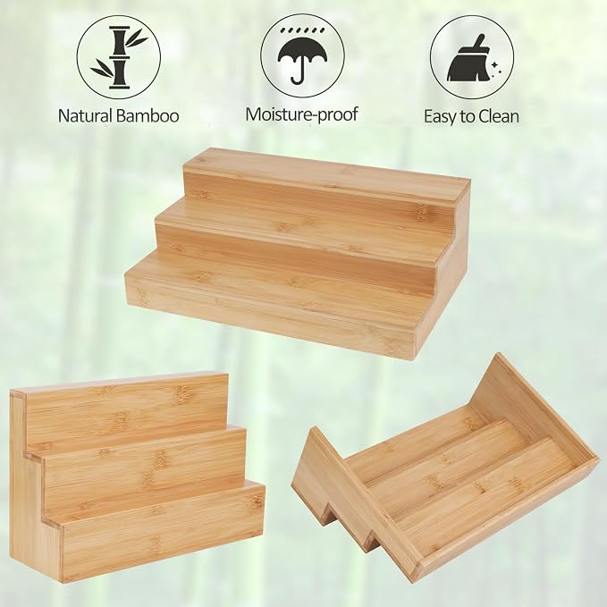 Bamboo Spice Rack for Cabinet, 3 Tier Spice Riser Shelf, 2 Pack Spices Stand for Pantry