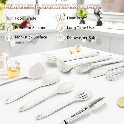 TeamFar Kitchen Cooking Utensils, 10 pcs Silicone Cooking Utensils Set, 446°F Heat Resistant Kitchen Gadgets Tools Set w/Spatula, Turners, Spoons, Soup Ladle, Pasta Server for Nonstick Cookware, White