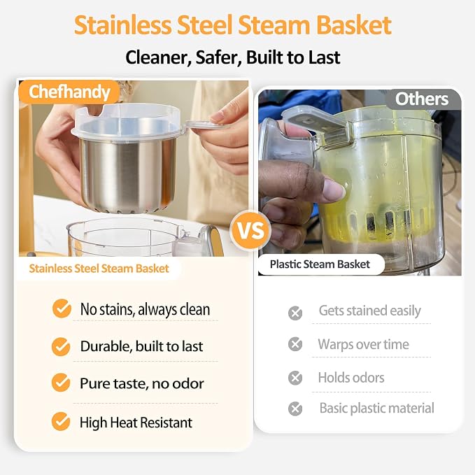 Chefhandy Baby Food Maker, Steamer & Blender with Stainless Steel Basket, Puree Maker with Auto/Manual Blend, Bottle Warmer & Sterili-zer, Safe & Easy-to-Clean Compact Baby Food Processor (Yellow)
