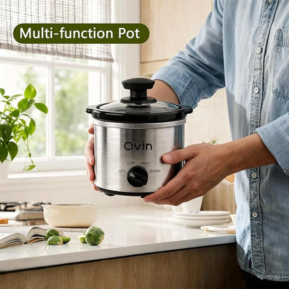 Qvin 0.65 Quart Mini Slow Cooker with Temperature Control, Stainless Steel and Black, Round Fondue Melting Pot with Glass Lid, Dishwasher Safe Stoneware