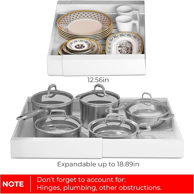 Pull Out Cabinet Organizer -Expandable – 12.56 x 18.89 Inch Pots And Pans Organizer Under Cabinet – Heavy Duty Carbon Steel Pull Out Drawers – Easy Installation No Screw Adjustable Cabinet Drawers