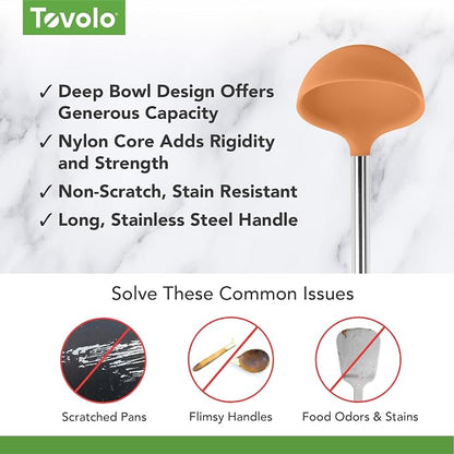Tovolo Silicone Ladle With Stainless Steel Handle Deep Soup Ladle for Cooking Canning Serving Soup Punch Stew Sauce, Large Kitchen Utensil Spoon Dishwasher Safe BPA Free Silicone Apricot Orange