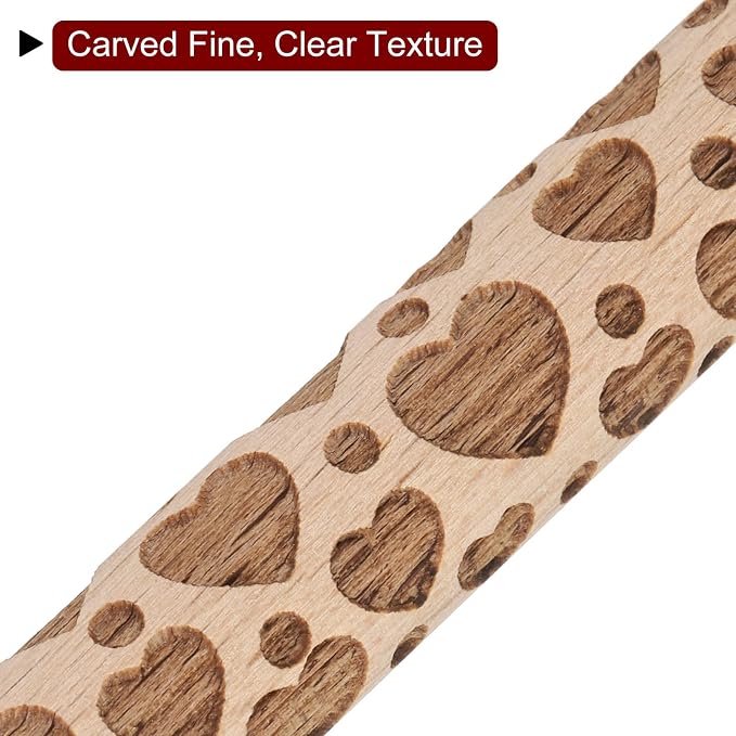 HARFINGTON Wood Clay Roller 4" Heart Pattern Rolling Pins Wood Rollers Pottery Tools Wood Grain Texture Rollers for Clay Baking Dough Playdough DIY