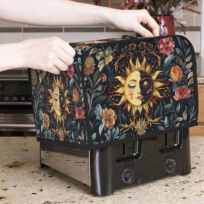 Sun Moon Toaster Cover 4 Slice Wide Slot Washable Kitchen Appliance Covers Fingerprint Bread Machine Dust Cover Small Toaster Oven Accessories Covers Bread Maker Bag Women Gift