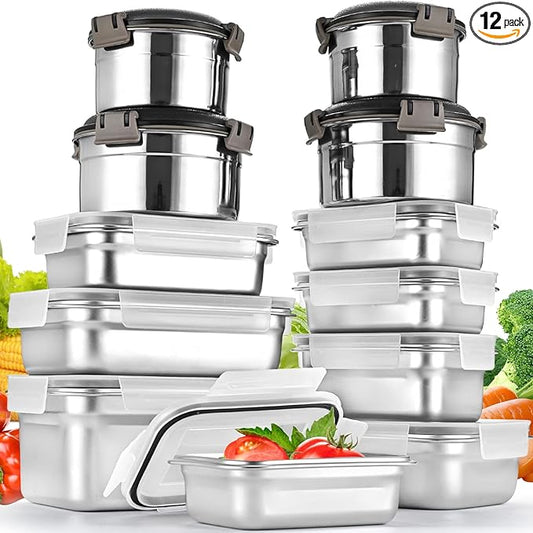 Cykorxicc 12PC 304 Stainless Steel Food Storage Containers with Lids Leakproof, Meal Prep Container Airtight, Lunch Boxes, Kimchi Containers for food storage Nestable | Oven/Dishwsher/Freezer Safe
