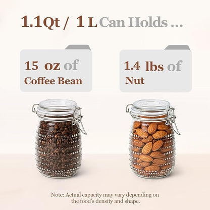 ComSaf 34oz 3 Pack Vintage Hobnail Decorative Glass Canisters with Airtight Clamp Lidsfor Coffee Bar, Tea Station and Kitchen Gift, Wide Mouth Clear Jars for Sugar, Snacks, and Countertop Display