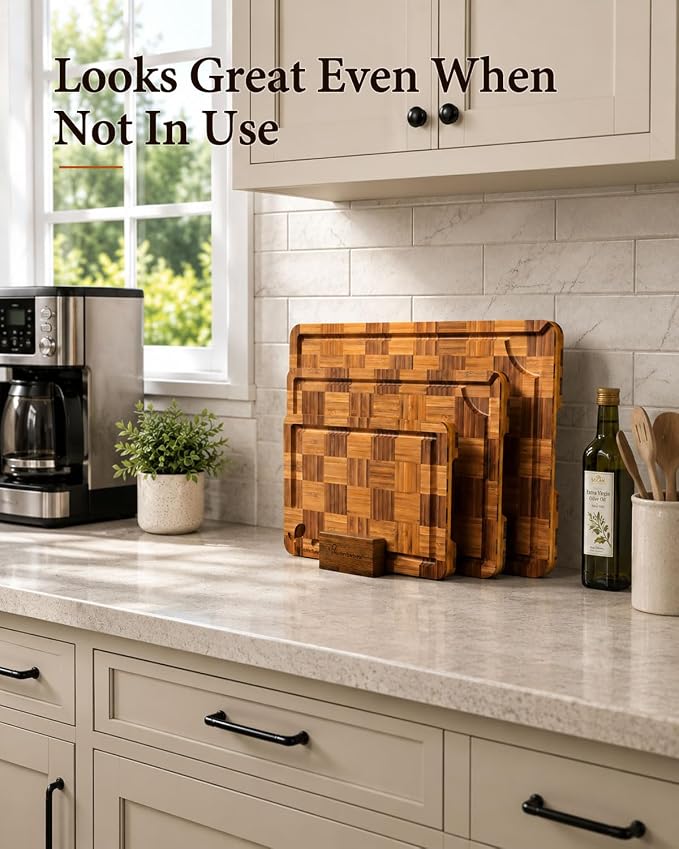 Checkered Cutting Board Set with Holder, Set of 3 Butcher Block End Grain Chopping Boards for Kitchen, Decorative Wooden Boards with Stand for Serving, Charcuterie, Meat, Fruit and Meal Prep
