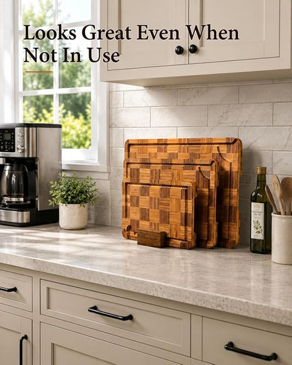 Checkered Cutting Board Set with Holder, Set of 3 Butcher Block End Grain Chopping Boards for Kitchen, Decorative Wooden Boards with Stand for Serving, Charcuterie, Meat, Fruit and Meal Prep
