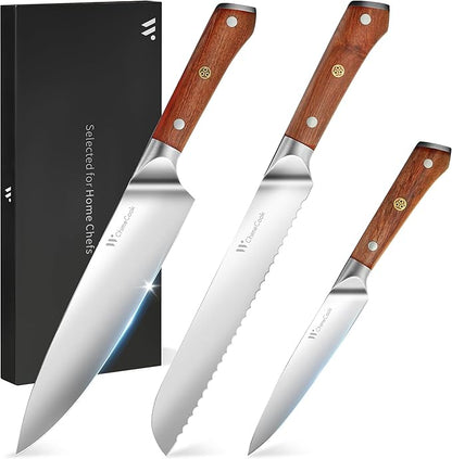 Rosewood Kitchen Knife Set - 3Pcs, Chef/Bread/Utility Knives, High Carbon Stainless Steel, Ultra Sharp, Simple & Practical Essential Kitchen Knife Set for Everyday