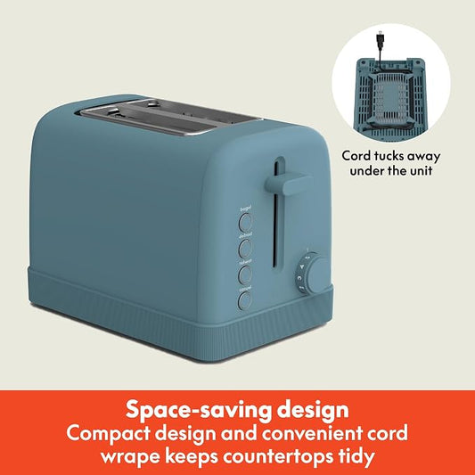 bella 2 Slice Toaster, 6 Setting Shade Control w Reheat, Cancel, Bagel & Defrost Buttons, Removable Crumb Tray, Anti Jam & Auto Shutoff, Auto Centering Guides & Cord Wrap, 900 Watt, Surf