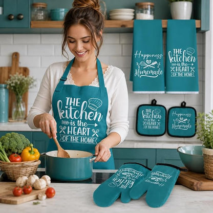 Sratte 6 Pcs Kitchen Decor Accessories Set Farmhouse Towels Pot Holders Oven Mitts Set 2 Dish Towels 2 Potholders 2 Cooking Mittens Oven Glove for Christmas Baking Cooking Supply(Teal,Kitchen)