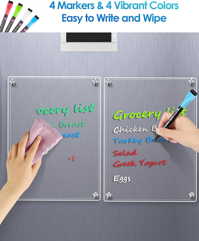 MaxGear 11"x14" Acrylic Magnetic Whiteboard for Fridge, Small Clear Refrigerator Dry Erase Board with 4 Markers and 1 Cloth, Smooth Writing and Easy Cleaning Blank Memo Grocery List for Home Planner