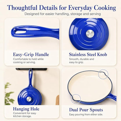 7-Piece Enameled Cast Iron Cookware Set: Dutch Ovens, Skillet & Sauce Pan with Non-Stick Ceramic Coating - Oven Safe to 550°F, PFOA-Free (Cobalt Blue)