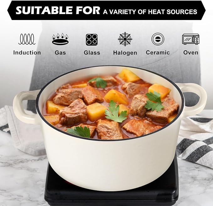 TeamFar 5Qt Dutch Oven, Enameled Cast Iron Dutch Oven with Lid & Dual Handles for Cooking Baking Braising Simmering, Healthy & Sturdy, Oven & Various Stovetops Safe, Non-stick & Easy Clean - Cream White