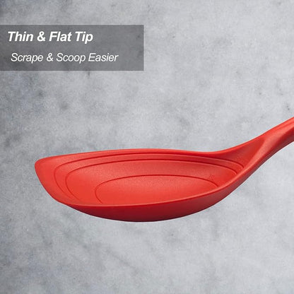 2 Pack Large Silicone Cooking Spoon, Non-Stick Slotted and Solid Spoon set with Deep Bolw and Measurement Mark for Mixing, Serving, Draining, Scooping, Scraping, Heat Resistant Kitchen Utensils, Red