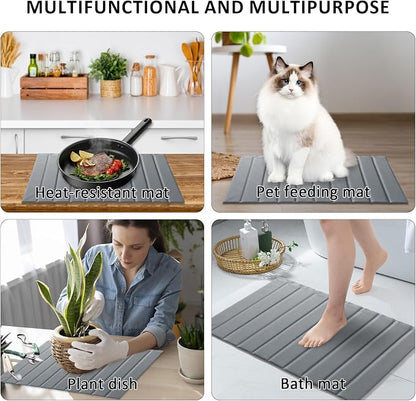Large Stone Dish Drying Mat for Kitchen Counter 24x16 Inch - Super Absorbent Quick Dry Diatomaceous Earth with PU Leather, Foldable Space Saving Stone Bath Mats for bathroom