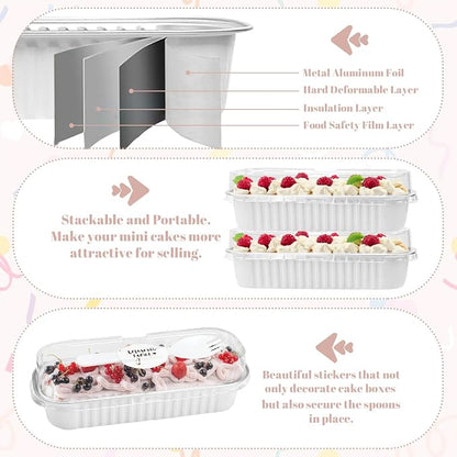 100Pack White Valentines Mini Loaf Pans with Lids and Spoons and Stickers Individual Mini Cake Pans Disposable Portable Stackable, 6.8Oz Aluminum Pans, Dessert Cups Containers for Sales,Party