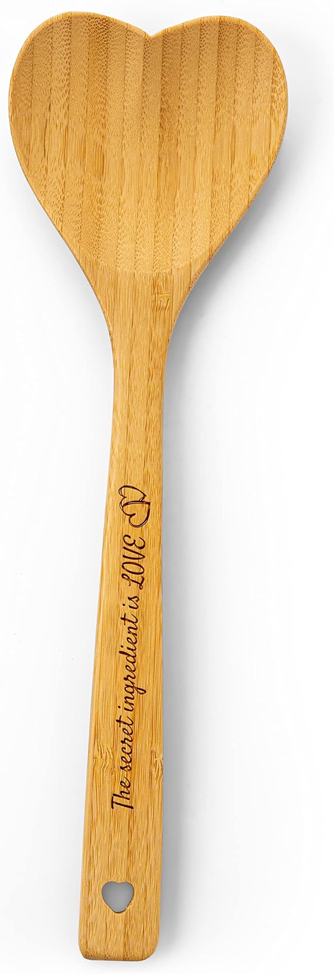Gorgeous Heart shaped Bamboo Wooden Spoon with an engraved handle and heart-shaped base hole for hanging - 'The secret ingredient is Love' | The perfect addition to a kitchen filled with love and joy!