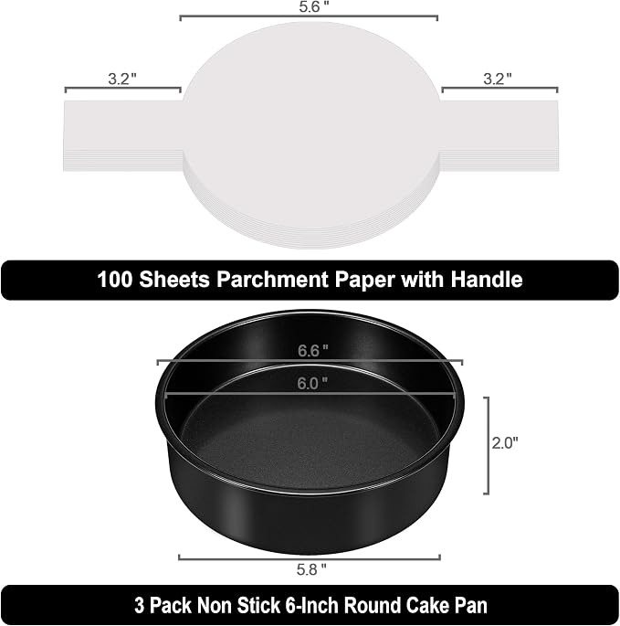 AWTBDP 6 Inch Cake Pans Set of 3, Smash Cake Pans with 100PCS Parchment Paper for Layer Cakes, No-Stick Round Cake Pan Sets for Baking, Durable Baking Pan Set for Christmas Birthday, Dishwasher Safe