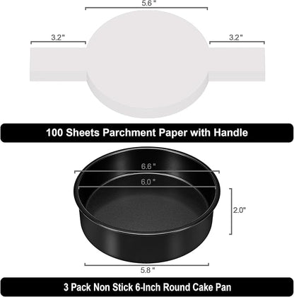 AWTBDP 6 Inch Cake Pans Set of 3, Smash Cake Pans with 100PCS Parchment Paper for Layer Cakes, No-Stick Round Cake Pan Sets for Baking, Durable Baking Pan Set for Christmas Birthday, Dishwasher Safe
