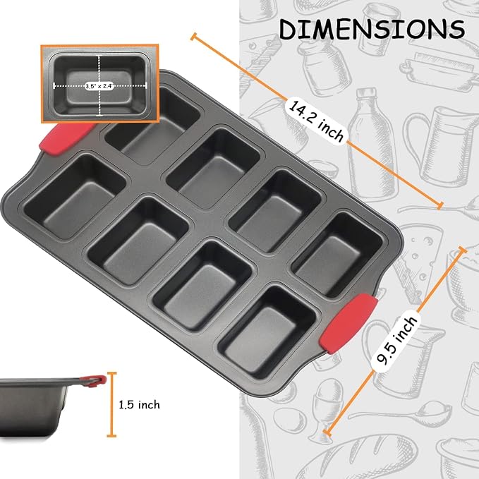 Mini Loaf Pans Nonstick, Bread Muffin Pan with Silicone Handle for Oven, 8 Cavity, Carbon Steel, Dishwasher Safe & Easy Cleanup Small Loaf Tray, for Baking, Gray, 2 Packs