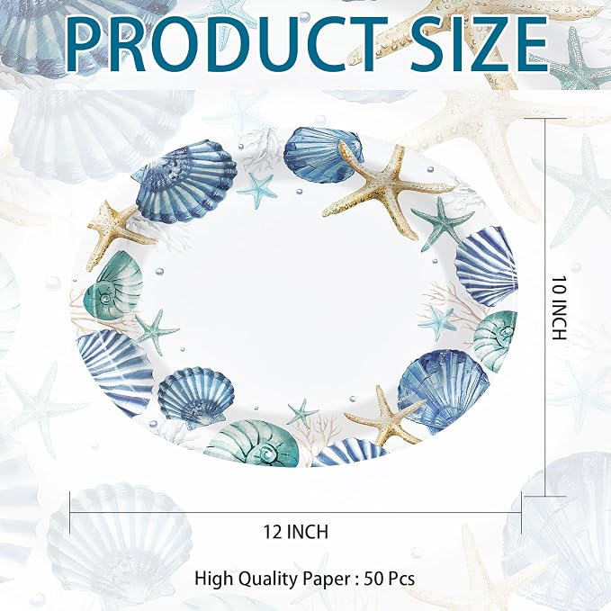 50Pcs Coastal Beach Oval Paper Plates 10" x 12" Large Disposable Heavy Duty Ocean Seashell Starfish Dessert Platters for Under the Sea Summer Hawaiian Picnic BBQ Holiday Birthday Party Decorations