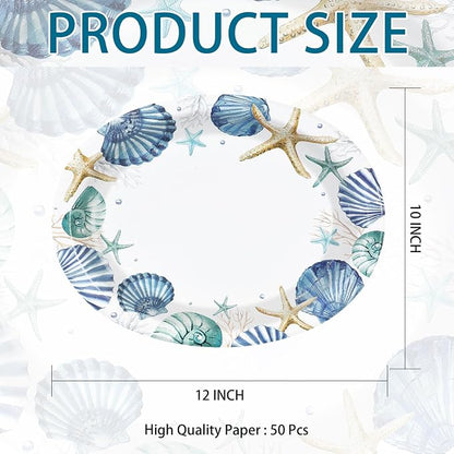 50Pcs Coastal Beach Oval Paper Plates 10" x 12" Large Disposable Heavy Duty Ocean Seashell Starfish Dessert Platters for Under the Sea Summer Hawaiian Picnic BBQ Holiday Birthday Party Decorations