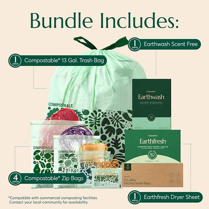 Cleanomic Food Storage Bags (4 Sizes), 13 Gallon Trash Bag, Earthwash Detergent Sheets, and Earthfresh Softener Sheets Bundle