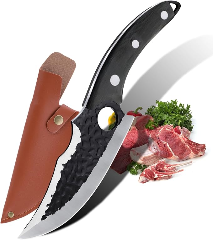 Hand Forged Chef Knife,6 Inch Viking Knife Butcher Boning Knife With Leather Sheath,Handmade Japanese Steel Kitchen Chef Knife,Meat Vegetable Cutting Knife ,Caveman Knife for Camping&Outdoor