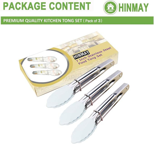 HINMAY 7-Inch Small Serving Tongs with Silicone Tips, Set of 3 (White) | 7-Inch Mini Tongs