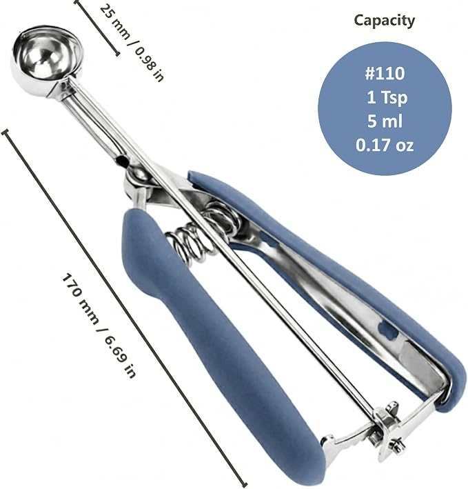 ice cream scoopExtra Mini Stainless Steel Cookie Scoop, 1Tsp/5ml/0.17oz Tbsp Dough Scooper with Trigger Release, Ideal for Baking and Melon (#110 Midnight Blue)