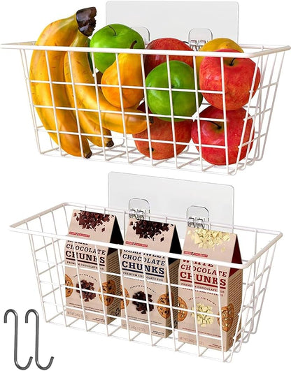 MaraFansie Wall Wire Baskets Bin No Drilling Adhesive Hanging Baskets Wall Mounted for Cabinet & Pantry Organization and Kitchen, Bathroom, Bedroom Storage, 2 Pack, White