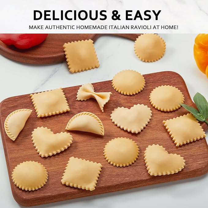 Ravioli Maker Press, Ravioli Press Mold Set - Round, Heart, Square Ravioli Stamp Maker Cutter with Wood Rolling Pin, 2.6" Empanada Maker Press Kit and Ravioli Wheel 3 PCS