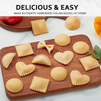 Ravioli Maker Press, Ravioli Press Mold Set - Round, Heart, Square Ravioli Stamp Maker Cutter with Wood Rolling Pin, 2.6" Empanada Maker Press Kit and Ravioli Wheel 3 PCS