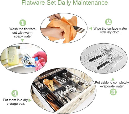 ENLOY 24 Pieces Silverware Set with Steak Knives, Stainless Steel Flatware Cutlery, Include Knife Fork Spoon, Mirror Polished, Dishwasher Safe, Service for 4