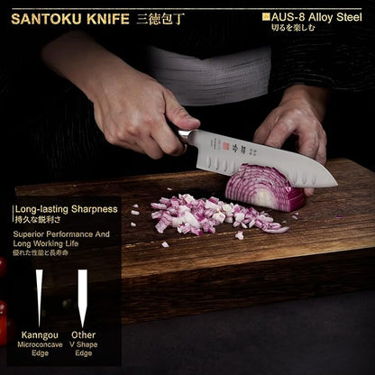 kanngou 7 Inch Santoku Knife, Japan AUS-8 Alloy Steel Japanese Knife with Full-Tang Black Pakkawood Handle, Vegetable Chopping Knife with Premium Gift Box (Classic Series)