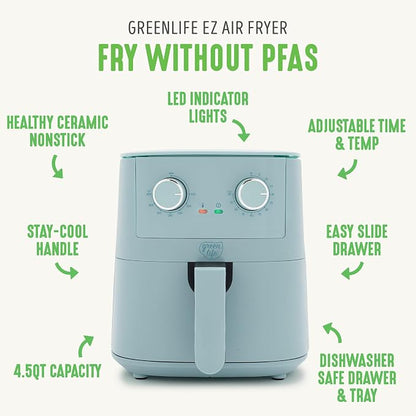 GreenLife 4.5QT Air Fryer, Mechanical Dial Controls, PFAS-Free Ceramic Nonstick Drawer, Adjustable Temp & Timer, LED Indicator, Oil-Less Cooking, Dishwasher Safe, Compact Family Size, Blue