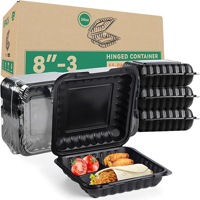 55-Pack 8x8 34oz Black To Go Containers – Shrink Wrapped No Pre-Wash | 3-Compartment Sanitary Sealed BPA-Free Heavy Duty Clamshell | Microwave Freezer Safe, Leak-Proof Meal Prep & Leftover Boxes