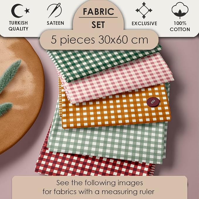 Cotton Patchwork Quilting Fabric Panel – 155×100 cm, 100% Cotton, Made in Türkiye (PRT_KUP 01-001) (Classic Gingham, 5 pcs (23.6x11.8 inc))