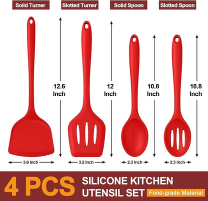 P&P CHEF Kitchen Utensil Set, 4 Pieces Non-stick Silicone Cooking Utensils, Heat-resistant Slotted Solid Spoon Turner for Frying, Mixing, Serving, Non-toxic & Easy to Clean, Red