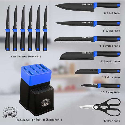 14 Pcs Kitchen Knife Block Set with Sharpener German High Carbon Stainless Steel Chef Knives, Razor-Sharp & Durable, Lightweight Anti-Slip Handle, Professional Set for Home & Kitchen (Blue)