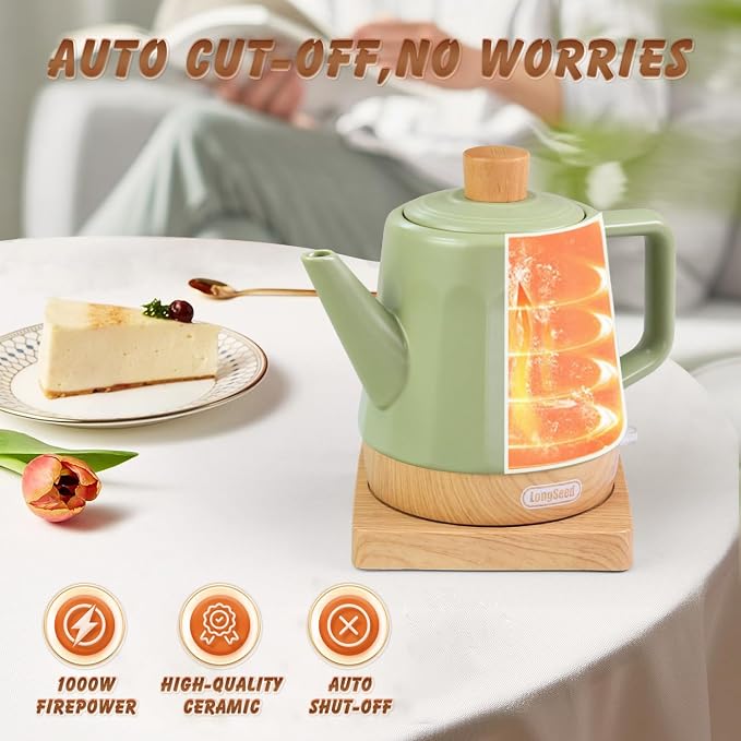 Ceramic Electric Kettle 1.2L, Automatic Shut Off Tea Kettle & Hot Water Boiler Pot For Coffee & Tea, Prevent Boil Dry, 1000W, Seed-green