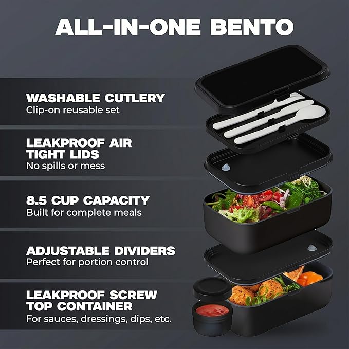 KARRICO Double Premium Bento Box Adult, 67 fl oz BPA-Free - Black Stackable Lunch Box with Leak-Proof Lids & Dividers, Perfect for Meal Prep, Lunches & Portion Control